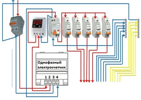 Схема подключения реле напряжения в однофазной или трехфазной системе
