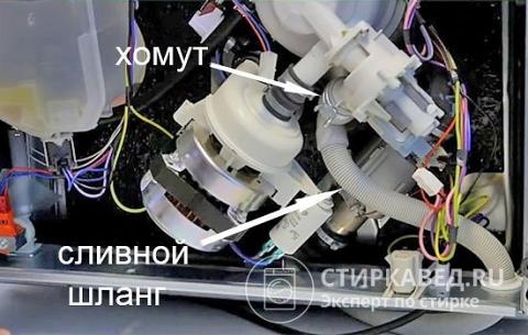 Внутренние детали посудомойки – насос и сливной шланг