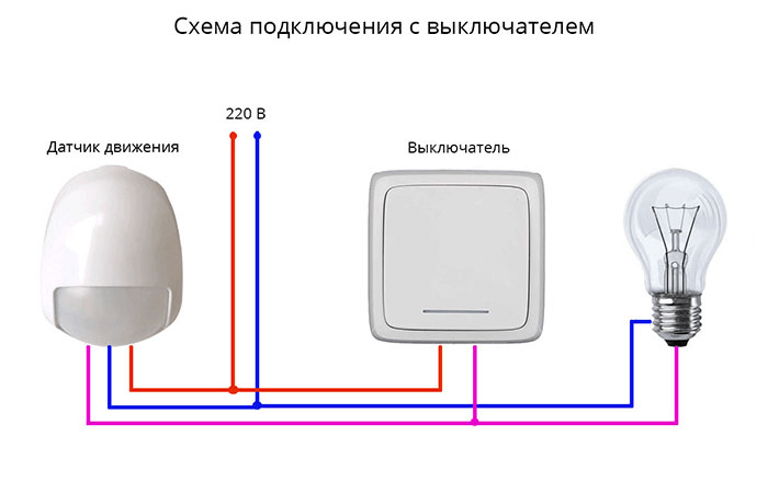 Схема подключения датчика движения с выключателем