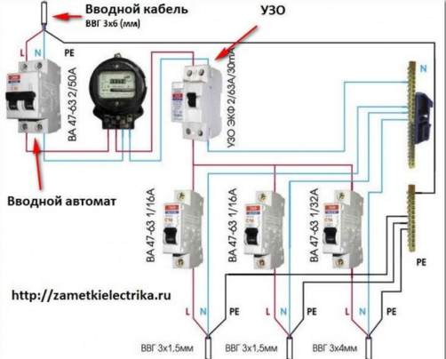схема подключения узо и дифавтомата