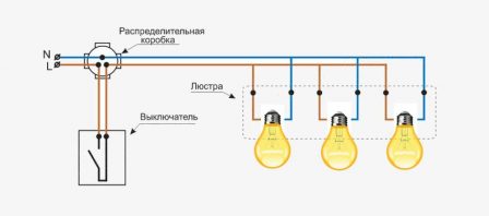 Монтажная схема подключения люстры три лампы