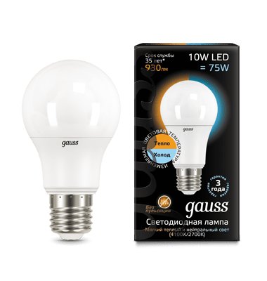 Лампа Gauss LED A60 10W E27 930lm 2700K/4100K CTC (102502110)