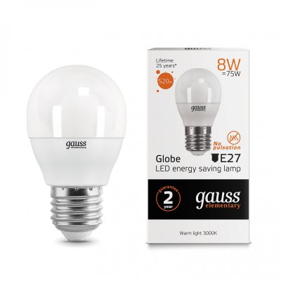 Лампа Gauss LED Elementary Шар 8W E27 520lm 3000K (53218)