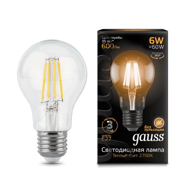 Лампа Gauss LED Filament A60 E27 6W 600lm 2700К (102802106)