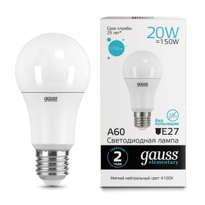 Лампа диодная Gauss LED Elementary A60 20W E27 1600lm 4100K (23229)