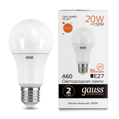 Лампа Gauss LED Elementary A60 20W E27 1520lm 3000K (23219)