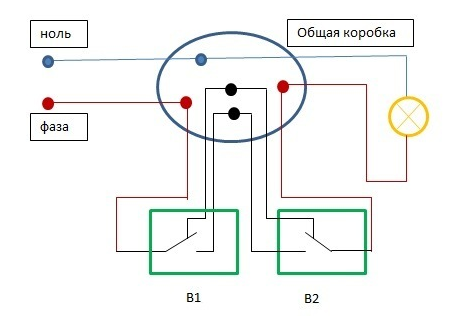 Схема подключения двух проходных выключателей