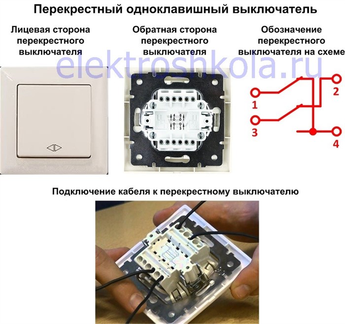 Перекрестный выключатель, внешний вид, обозначение на схеме