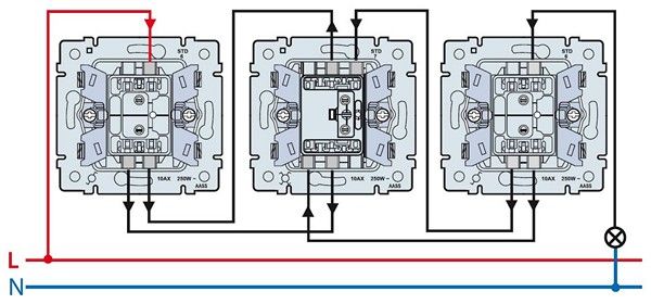 проходной выключатель схема подключения на 3 точки
