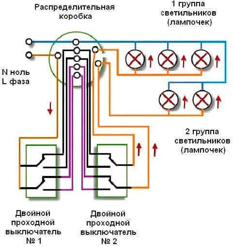 Монтажная схема подключения двухполюсных двухклавишных проходных выключателей