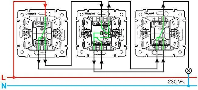 Принципиальная схема подключения двухполюсных двухклавишных проходных и промежуточного выключателей