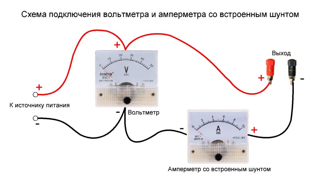 Схема подключения вольтметра и амперметра со встроенным шунтом к блоку питания
