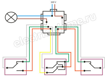 схема из двух проходных и перекидного выключателей
