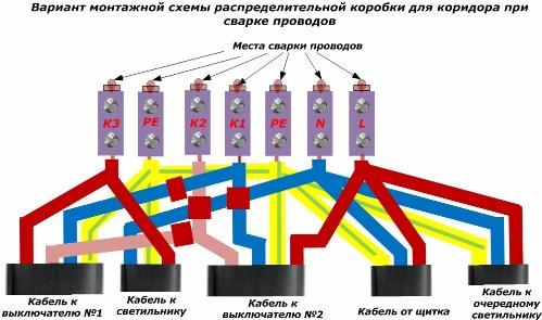 Вариант монтажной схемы распределительной коробки для коридора