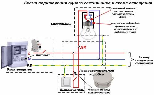 Схема подключения одного светильника к схеме освещения