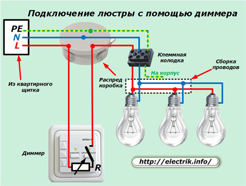 Подключение люстры с помощью диммера