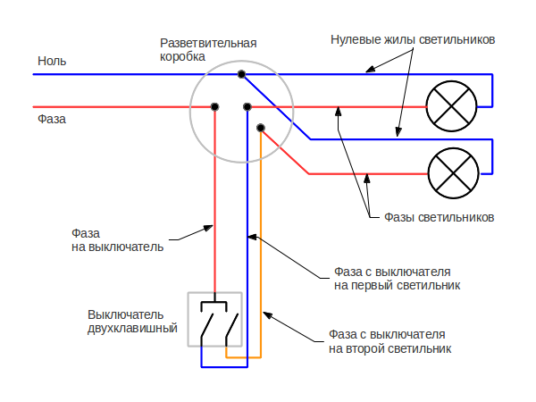 как подключить люстру к двухклавишному выключателю