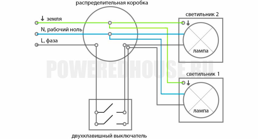 монтаж двухклавишного выключателя схема