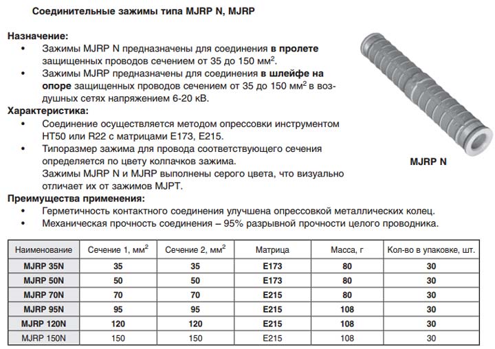 характеристики соединительных зажимов для СИП-3 Niled MJRP