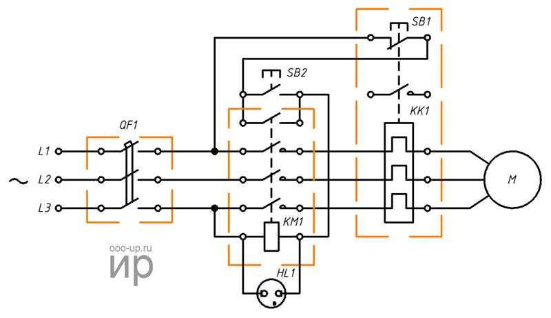 Нереверсивнпя схема подключения трехфазного асинхронного двигателя через магнитный пускатель