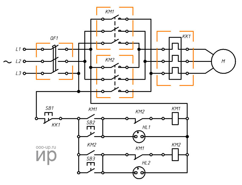Реверсивная схема подключения трехфазного асинхронного двигателя через магнитные пускатели
