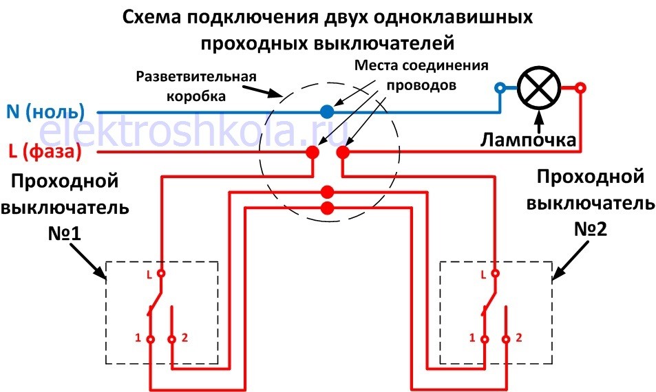 схема подключения двух проходных выключателей для управления с 2-х (двух) мест