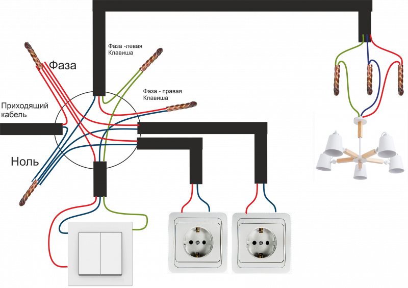 Схема подлючения двухклавишного выключателя и двух розеток