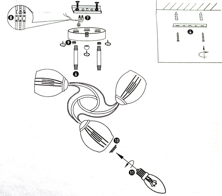 Схема сборки люстры и монтажа ее на планку