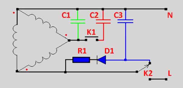 Схема включения электродвигателя 380 на 220