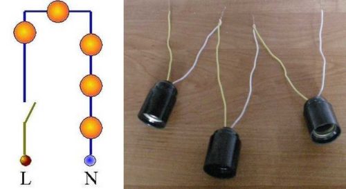 При соединении по последовательной схеме окончание одного светильника соединяется с начальным проводом другого