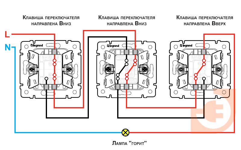 Рисунок 7. Схема управления освещением с трех мест. Вариант 6.