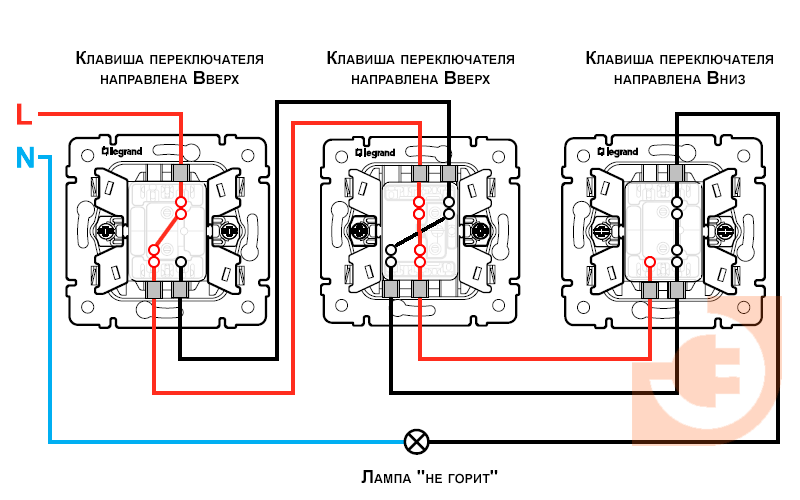 Рисунок 4. Схема управления освещением с трех мест. Вариант 3.