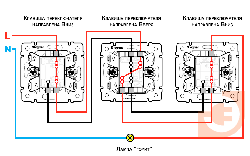 Рисунок 8. Схема управления освещением с трех мест. Вариант 7.