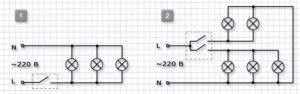 Схема подключения люстры к одноклавишному и двухклавишному выключателю