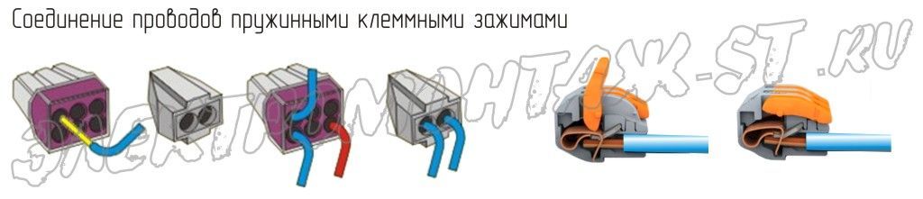 Soyedineniye provodov s pomoshchyu samozazhimnykh klemm