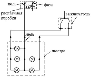 схема подключения люстры к двухклавишному выключателю