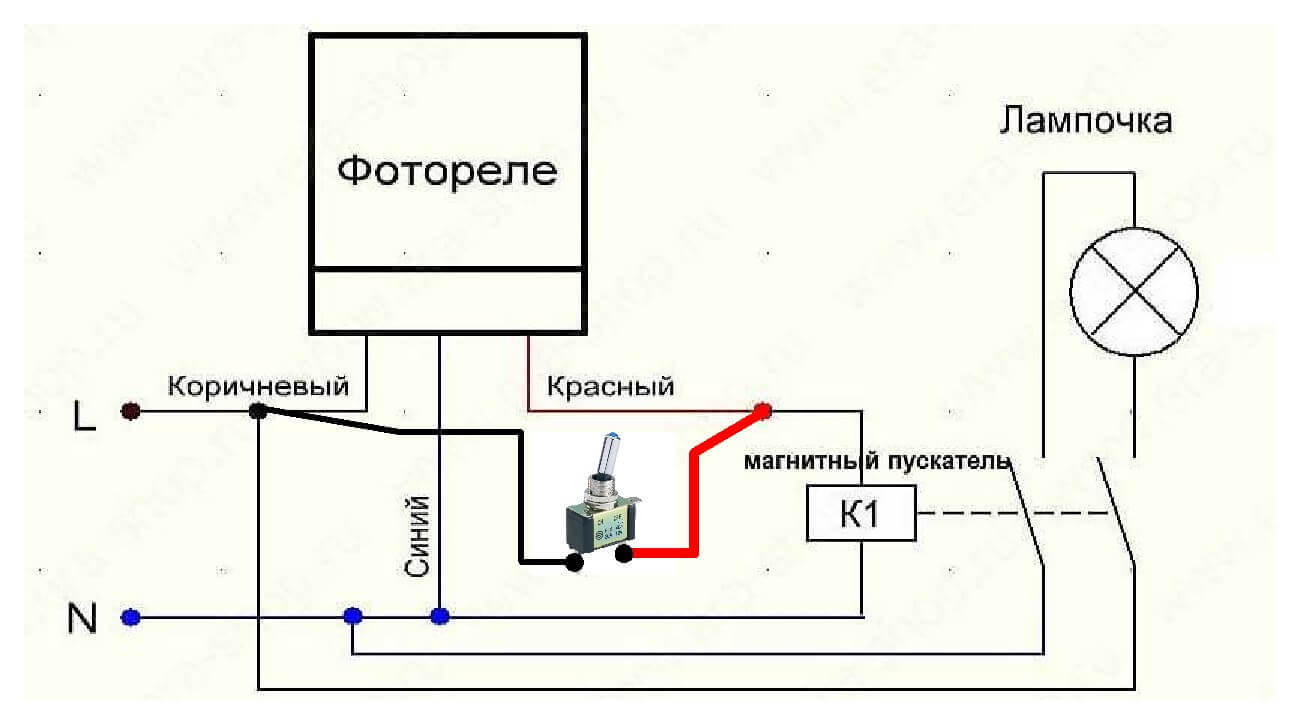 Управление светом через фотореле, пускатель и тумблер