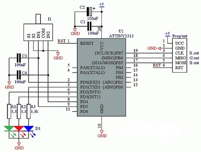 А вот схема rgb контроллера для светодиодной ленты.