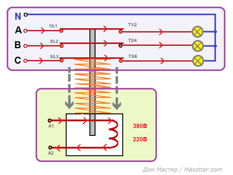 Кми 22510 схема подключения с катушкой на 220