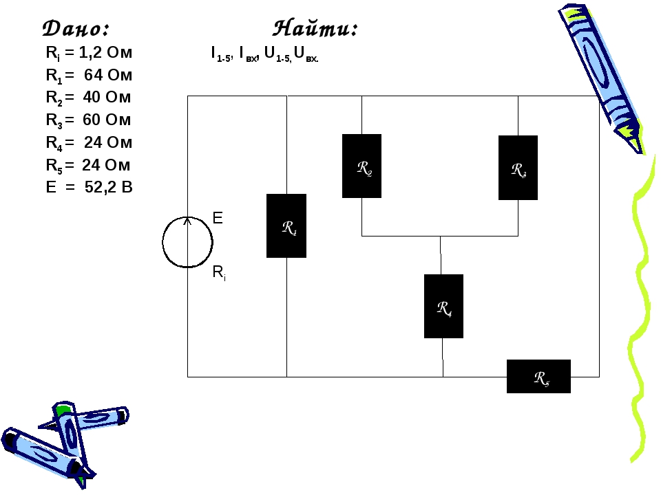 R1 R2 R3 R4 R5 E Ri Дано: Найти: Ri = 1,2 Ом I1-5, Iвх, U1-5, Uвх. R1 = 64 О. 