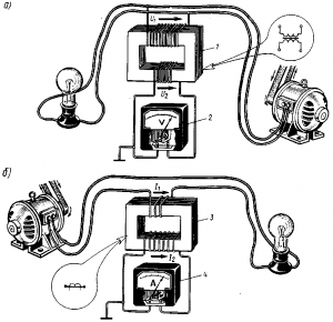 Рис. 334. Включение электроизмерительных приборов посредством измерительных трансформаторов напряжения (а) и тока (б)
