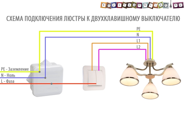 Схема подключения двухклавишного выключателя к люстре