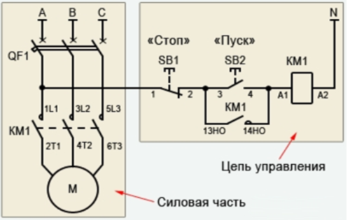 Схема подключения магнитного пускателя к блоку управления электромотором без реверса