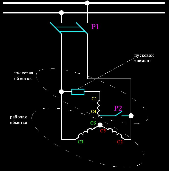 наглядная схема пуска ЭД через конденсатор