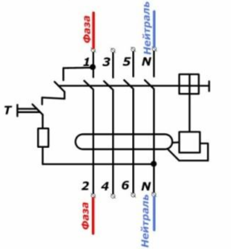 Схема подключения УЗО с 4 полюсами для защиты однофазной сети