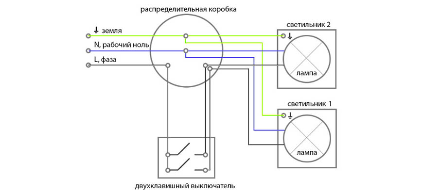 Схема подключения двухклавишного выключателя