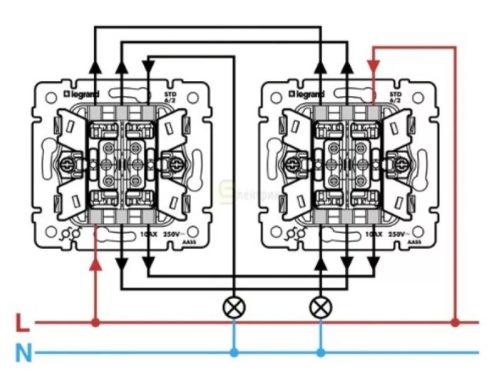 Наглядная схема подключения двух двухклавишных выключателей с тыльной стороны