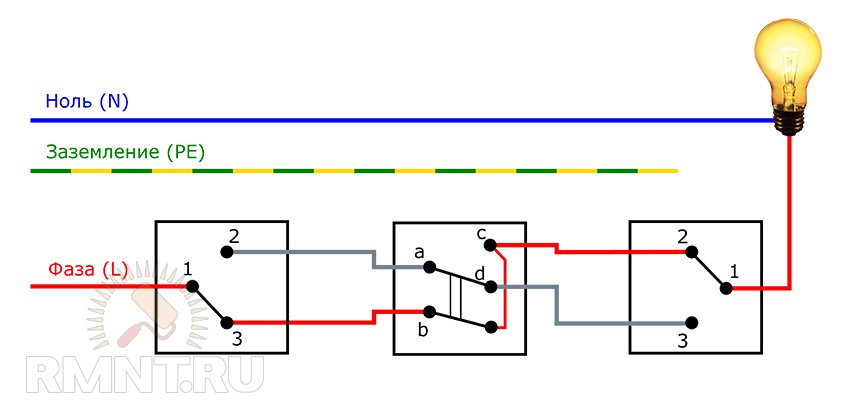 Схема подключения освещения с 3 мест