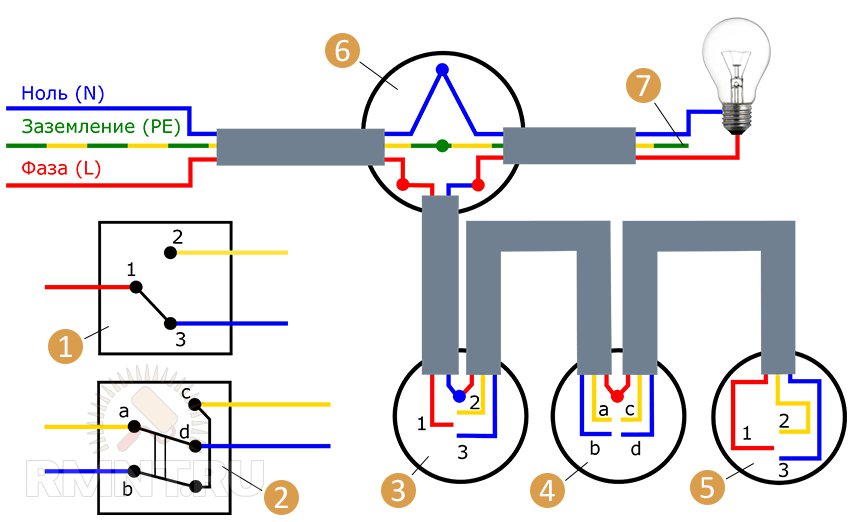 Управление освещением с трех мест схема подключения