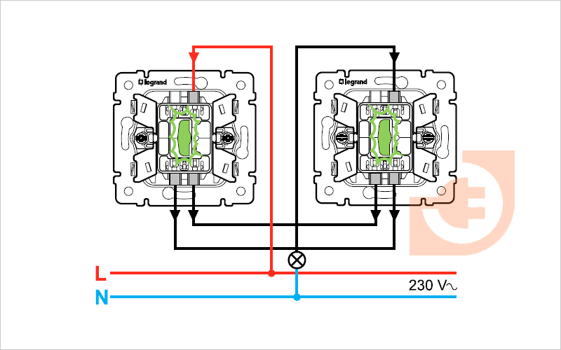 Схема соединения двух переключателей. Схема подключения перекрестного выключателя с 2х мест. Схема подключения проходного выключателя одноклавишного. Схема подключения проходного выключателя с 2х мест. Схема подключения проходных выключателей одноклавишных Легранд.